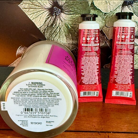 NEW 3-Pc BLACK CHERRY MERLOT Single Wick Candle & 2 Hand Creams BBW - Picture 2 of 3